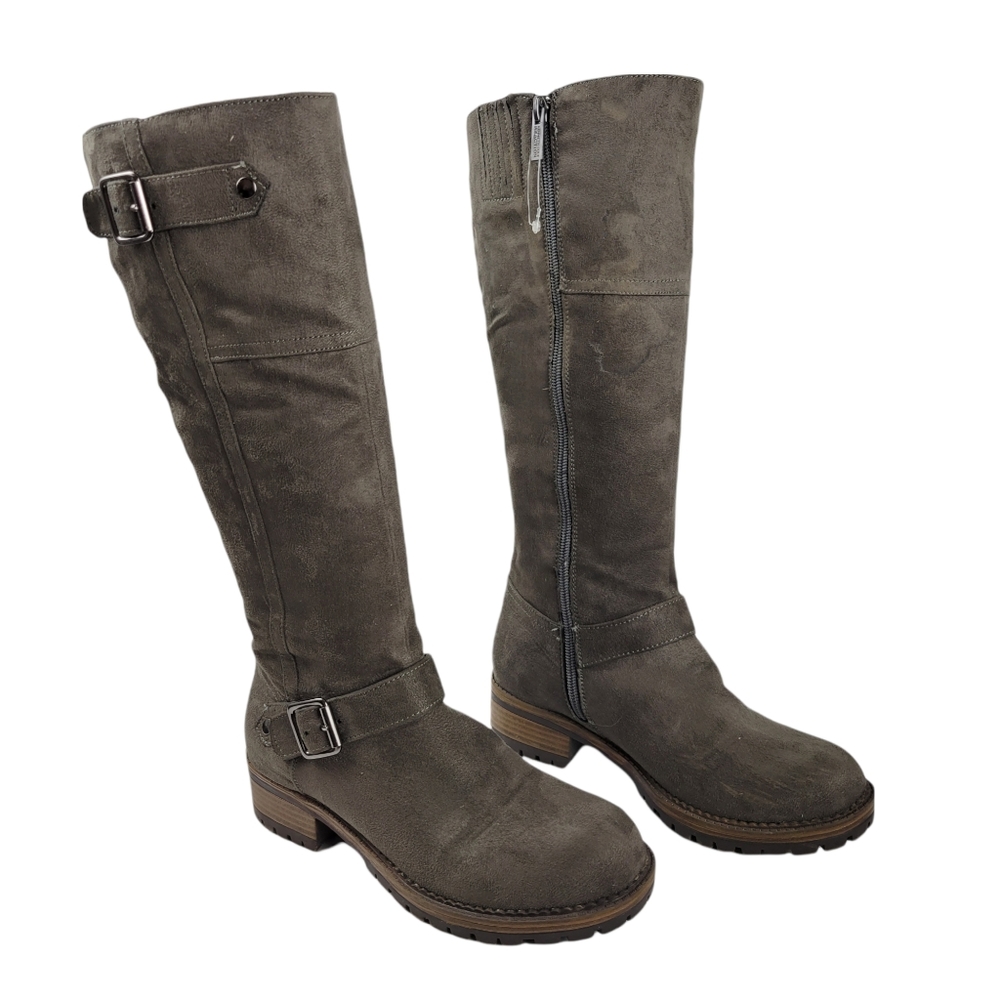 Kenneth Cole Reaction Knee-High Buckle Moto Boots in Taupe Gray